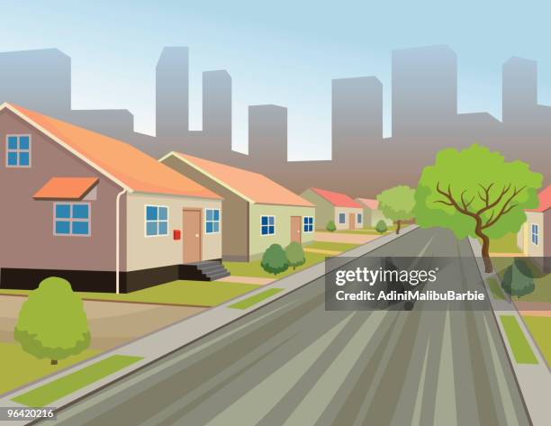 suburban city street on skyline background - suburb stock illustrations