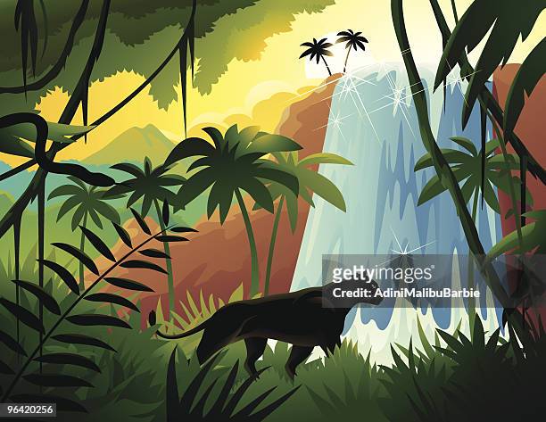 cartoon black panther in tropical jungle near waterfall - black panthers stock illustrations