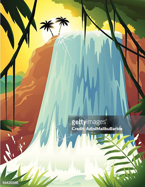 cartoon of tropical waterfall with palm trees and ferns - liana stock illustrations