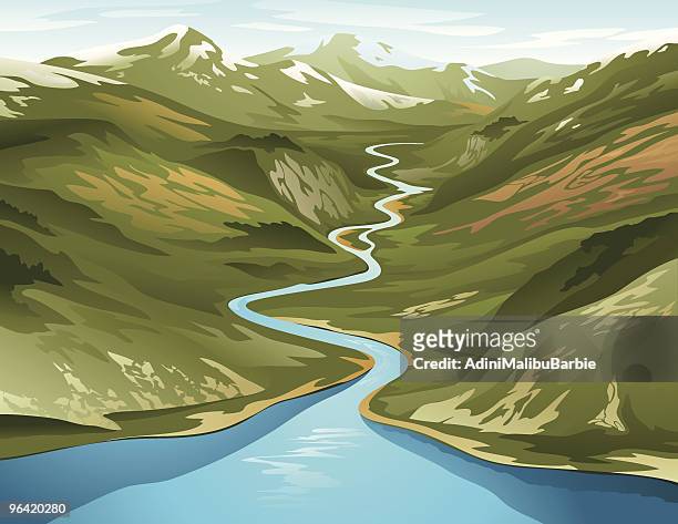 a clip art of a river circling its way around a mountain - river stock illustrations