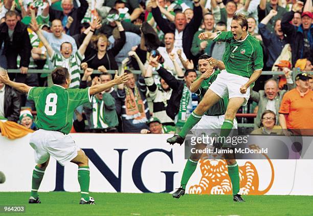 Jason McAteer of the Republic of Ireland celebrates his goal during the World Cup Qualifier against Holland played at Lansdowne Road in Dublin,...
