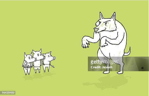 drei kleine schweine und das große bad wolf. - big bad wolf stock-grafiken, -clipart, -cartoons und -symbole