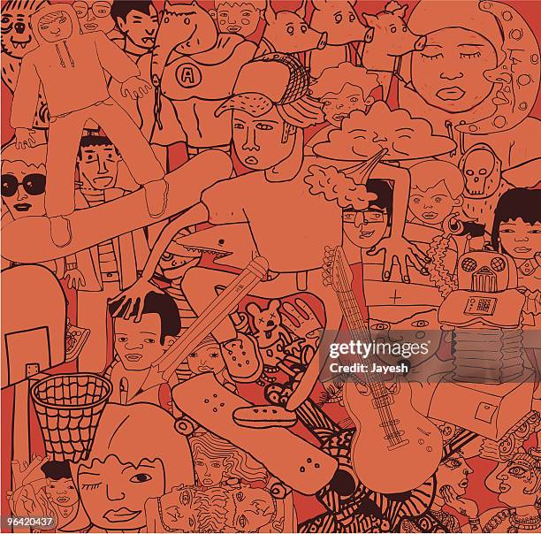 stockillustraties, clipart, cartoons en iconen met variety of doodles drawings people - youth culture