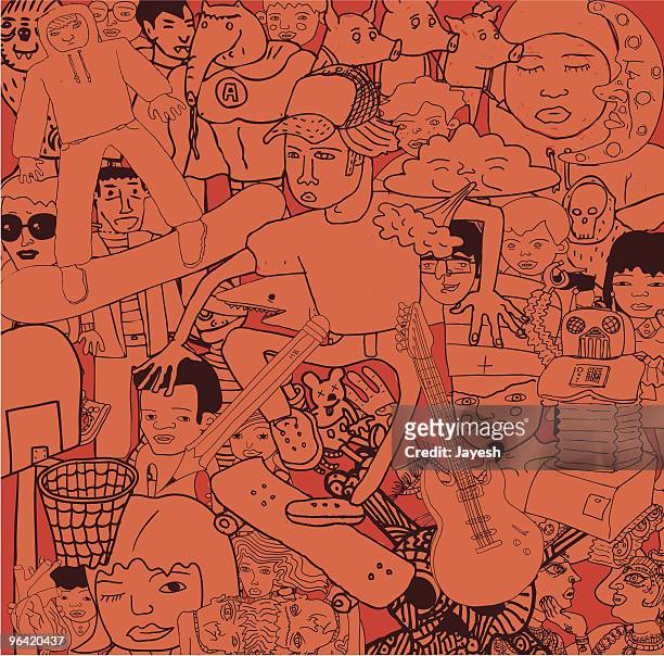 variety of doodles drawings people - art product stock illustrations