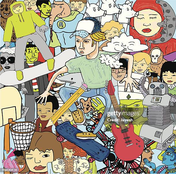 ilustraciones, imágenes clip art, dibujos animados e iconos de stock de colorido doodle dibujos - skater