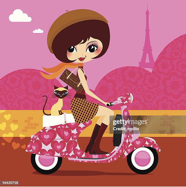 stockillustraties, clipart, cartoons en iconen met french love vespa - girl riding scooter