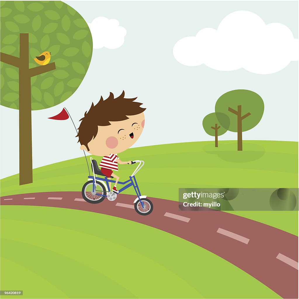 Happy Boy Riding A Bicycle Cycle Path And Nature High-Res Vector Graphic -  Getty Images