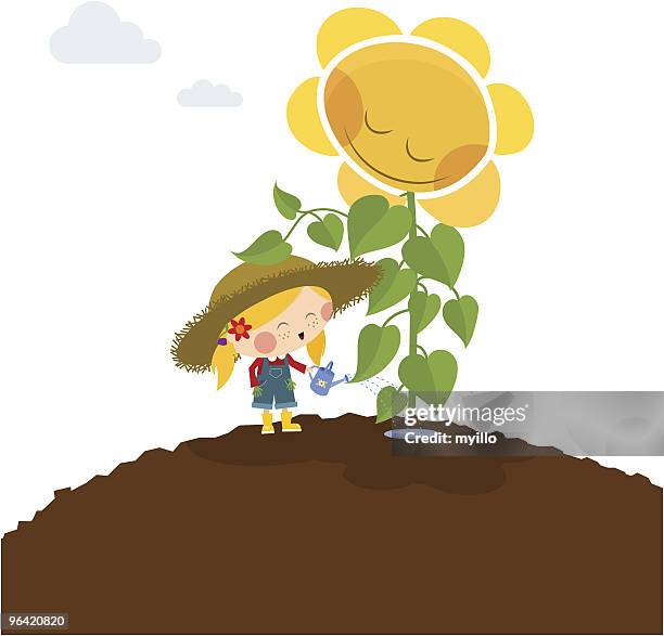 stockillustraties, clipart, cartoons en iconen met happy little girl with sunflower. love gardening - landscape gardener