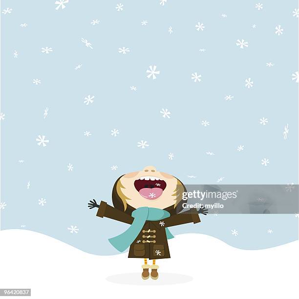 lass es schneien. kind isst eine schneeflocke. winter. - let it snow stock-grafiken, -clipart, -cartoons und -symbole