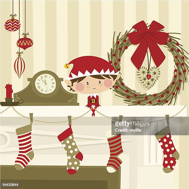 elf on  the fireplace - sock vector stock illustrations