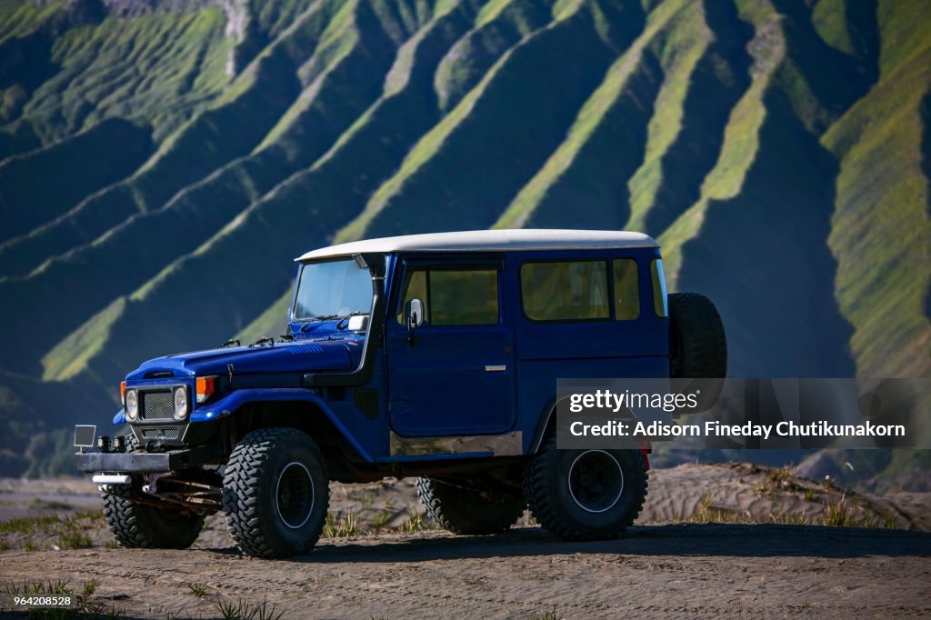 4x4 off road car driving inside Bromo Tengger Semeru National Park, Indonesia