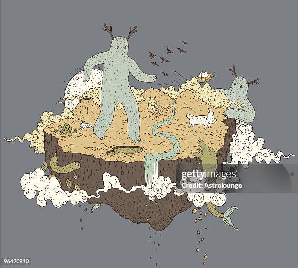 giant monsters with antlers on island in space - bizarre stock illustrations