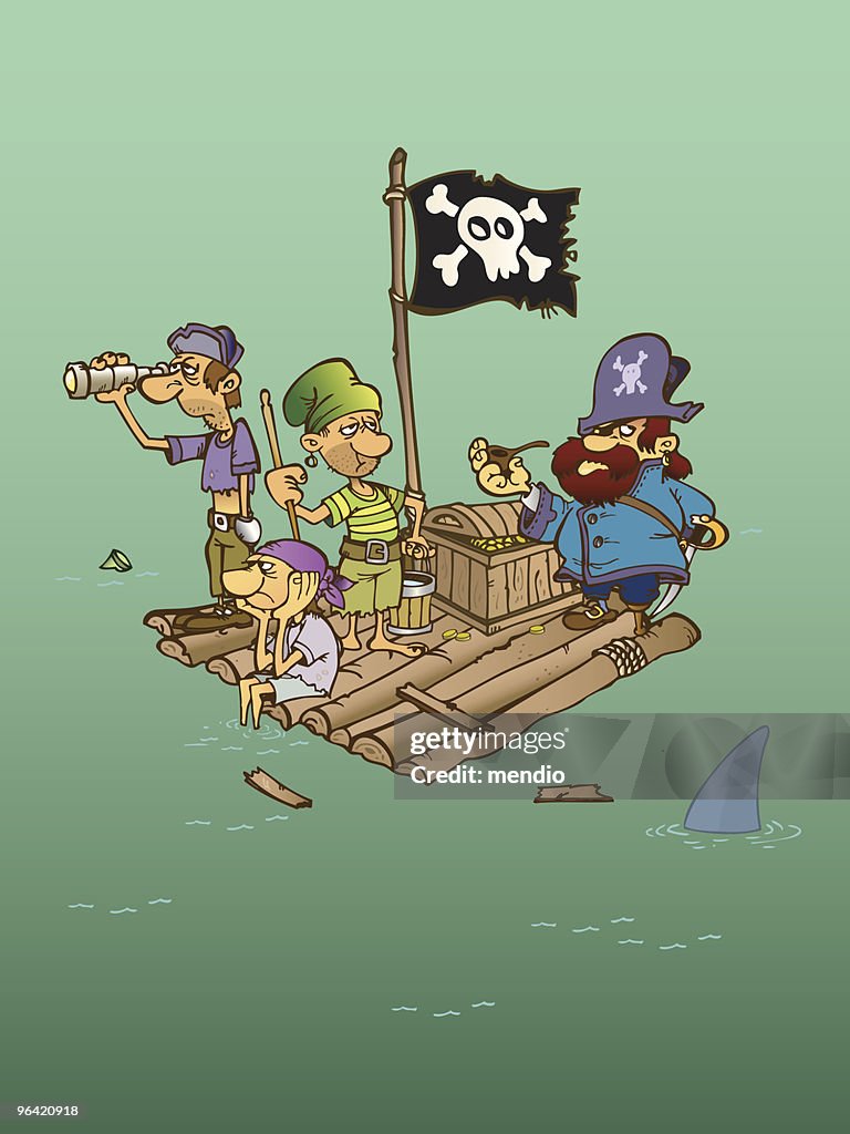 Group of Shipwrecked pirates on a raft