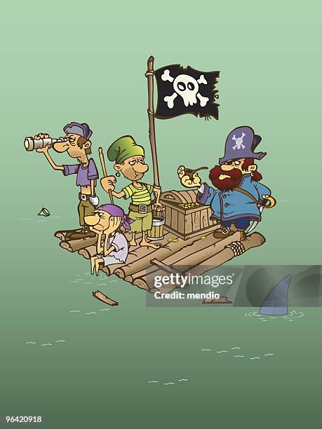 group of shipwrecked pirates on a raft - medical eye patch stock illustrations