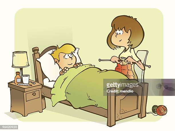 mother taking care of her sick son - ball of wool stock illustrations