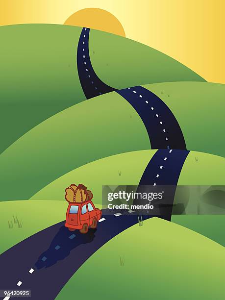 car on the road, heading to the horizon - country road stock illustrations