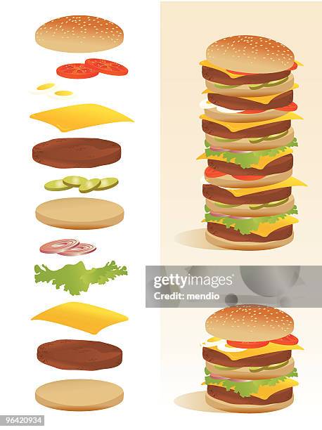 burger deconstruction - all ingredients separated - giant cheeseburger stock illustrations