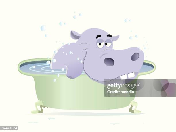 hippopotamus taking a bath - bubble bath stock illustrations