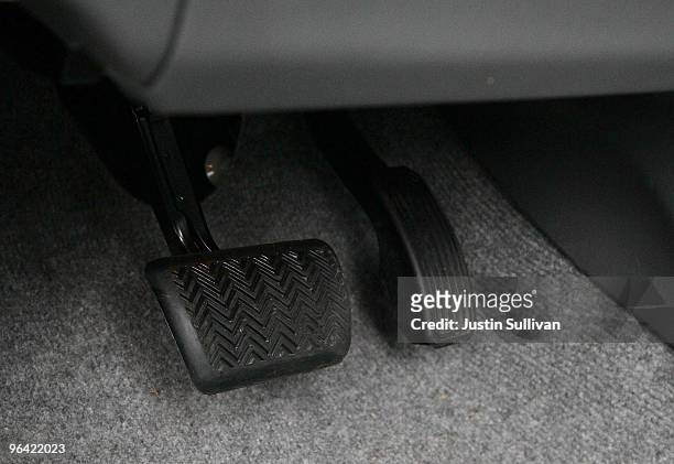 The brake and accelerator pedals are seen in a 2010 Toyota Prius hybrid car February 4, 2010 in San Francisco, California. The National Highway...