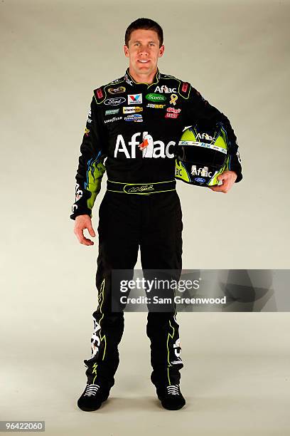 Carl Edwards, driver of the Aflac Ford, poses during NASCAR media day at Daytona International Speedway on February 4, 2010 in Daytona Beach, Florida.