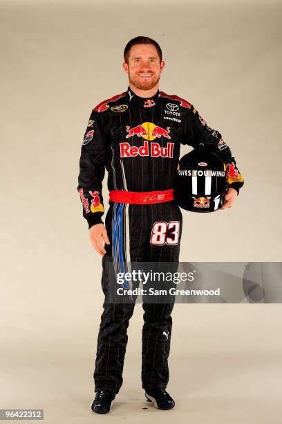 Brian Vickers, driver of the Red Bull Toyota, poses during NASCAR media day at Daytona International Speedway on February 4, 2010 in Daytona Beach,...