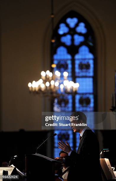 Klaus Filbry, Marketing Manager of Werder Bremen makes a speech during the celebration of the 111th year of SV Werder Bremen at the town hall on...