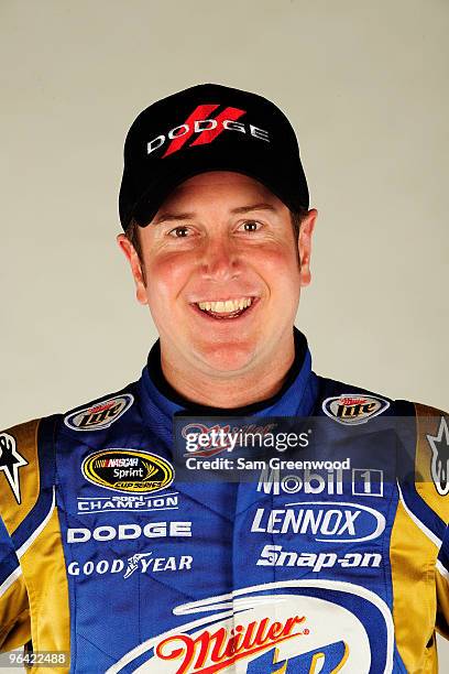 Kurt Busch, driver of the Miller Lite Dodge, poses during NASCAR media day at Daytona International Speedway on February 4, 2010 in Daytona Beach,...