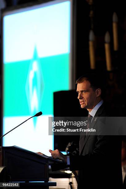 Klaus Filbry, Marketing Manager of Werder Bremen makes a speech during the celebration of the 111th year of SV Werder Bremen at the town hall on...