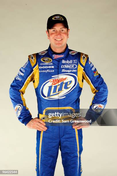 Kurt Busch, driver of the Miller Lite Dodge, poses during NASCAR media day at Daytona International Speedway on February 4, 2010 in Daytona Beach,...