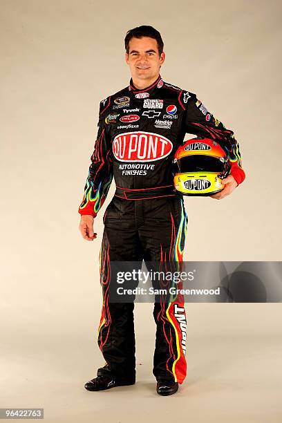 Jeff Gordon, driver of the Dupont Chevrolet, poses during NASCAR media day at Daytona International Speedway on February 4, 2010 in Daytona Beach,...