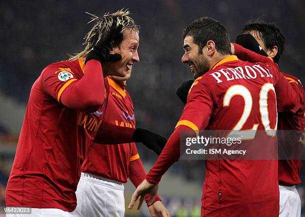 Philippe Mexes of AS Roma celebrates with team mate Simone Perrotta after scoring their second goal during the Tim Cup match between AS Roma and...