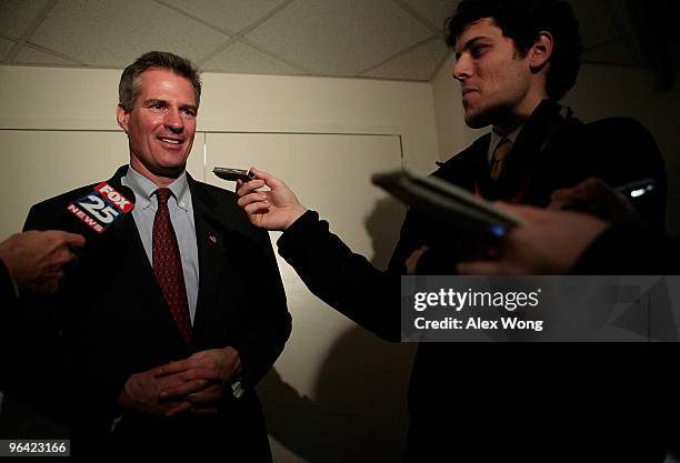 Senator-elect Scott Brown answers questions from the media outside his temporary office at the Senate Russell Office Building February 4, 2010 on...
