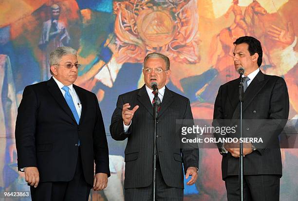 Guatemala's former Vice-President Eduardo Stein , accompanied by Honduras' Foreign Minister Mario Canahuati and lawyer Jorge Omar Casco, answers...