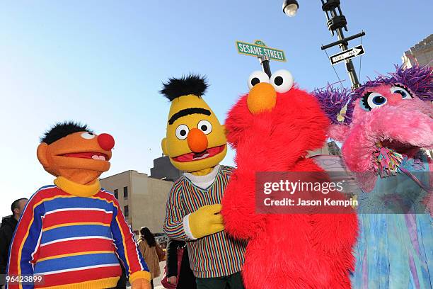 Sesame Street characters Ernie, Bert, Elmo and Abby Cadabby attend the temporary street renaming to celebrate the 30th anniversary of Sesame Street...
