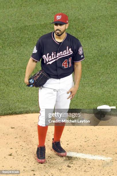 Gio Gonzalez of the Washington Nationals pitches during a baseball game against the against the New York Yankees at Nationals Park on May 15, 2018 in...