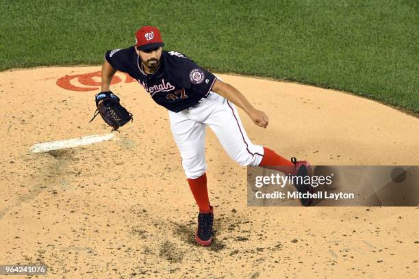 Gio Gonzalez of the Washington Nationals pitches during a baseball game against the against the New York Yankees at Nationals Park on May 15, 2018 in...