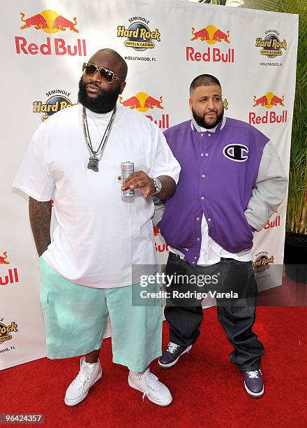 Rapper Rick Ross and DJ Khaled attend the Red Bull Super Pool at Seminole Hard Rock Hotel on February 4, 2010 in Hollywood, Florida.