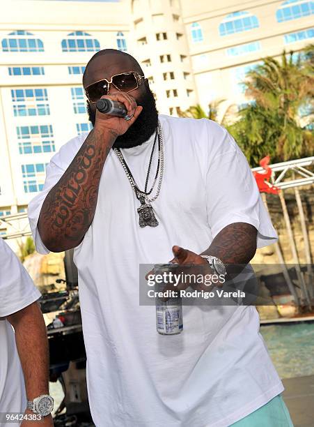 Rapper Rick Ross performs at the Red Bull Super Pool at Seminole Hard Rock Hotel on February 4, 2010 in Hollywood, Florida.