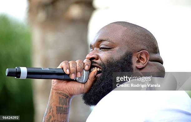 Rapper Rick Ross performs at the Red Bull Super Pool at Seminole Hard Rock Hotel on February 4, 2010 in Hollywood, Florida.