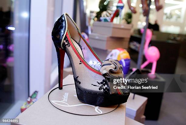 Shoes designed by Christian Louboutin are displayed at a cocktail reception at The Corner Shop on February 4, 2010 in Berlin, Germany.