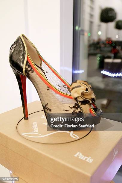Shoes designed by Christian Louboutin are displayed at a cocktail reception at The Corner Shop on February 4, 2010 in Berlin, Germany.