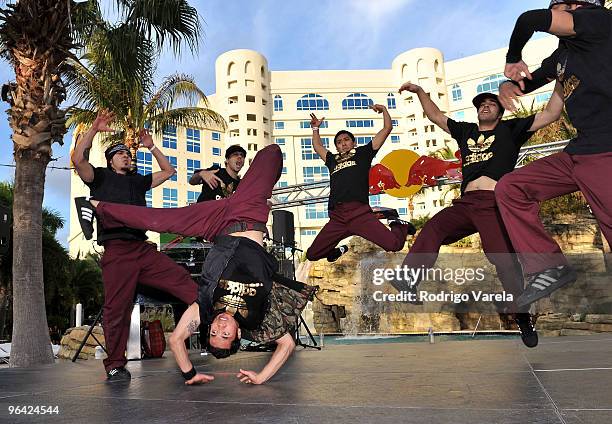 Super Cr3w performs with Rick Ross at the Red Bull Super Pool at Seminole Hard Rock Hotel on February 4, 2010 in Hollywood, Florida.