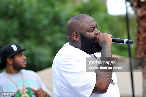 Rapper Rick Ross performs at the Red Bull Super Pool at Seminole Hard Rock Hotel on February 4, 2010 in Hollywood, Florida.