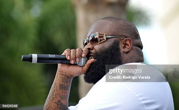 Rapper Rick Ross performs at the Red Bull Super Pool at Seminole Hard Rock Hotel on February 4, 2010 in Hollywood, Florida.