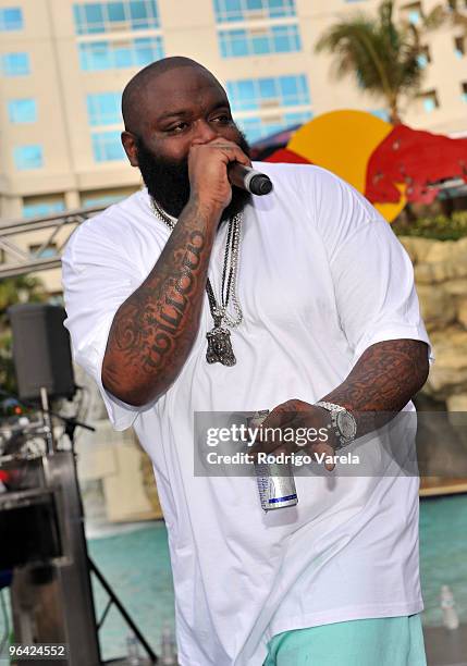 Rapper Rick Ross performs at the Red Bull Super Pool at Seminole Hard Rock Hotel on February 4, 2010 in Hollywood, Florida.