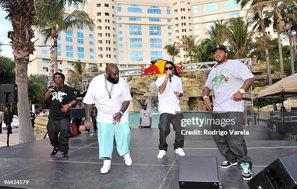 Triple C's perform with Rick Ross at the Red Bull Super Pool at Seminole Hard Rock Hotel on February 4, 2010 in Hollywood, Florida.