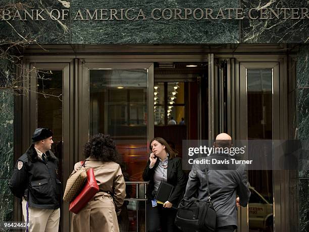 People exit the Bank of America headquarters on February 4, 2010 in Charlotte, North Carolina. Bank of America's former Chief Executive Officer Ken...