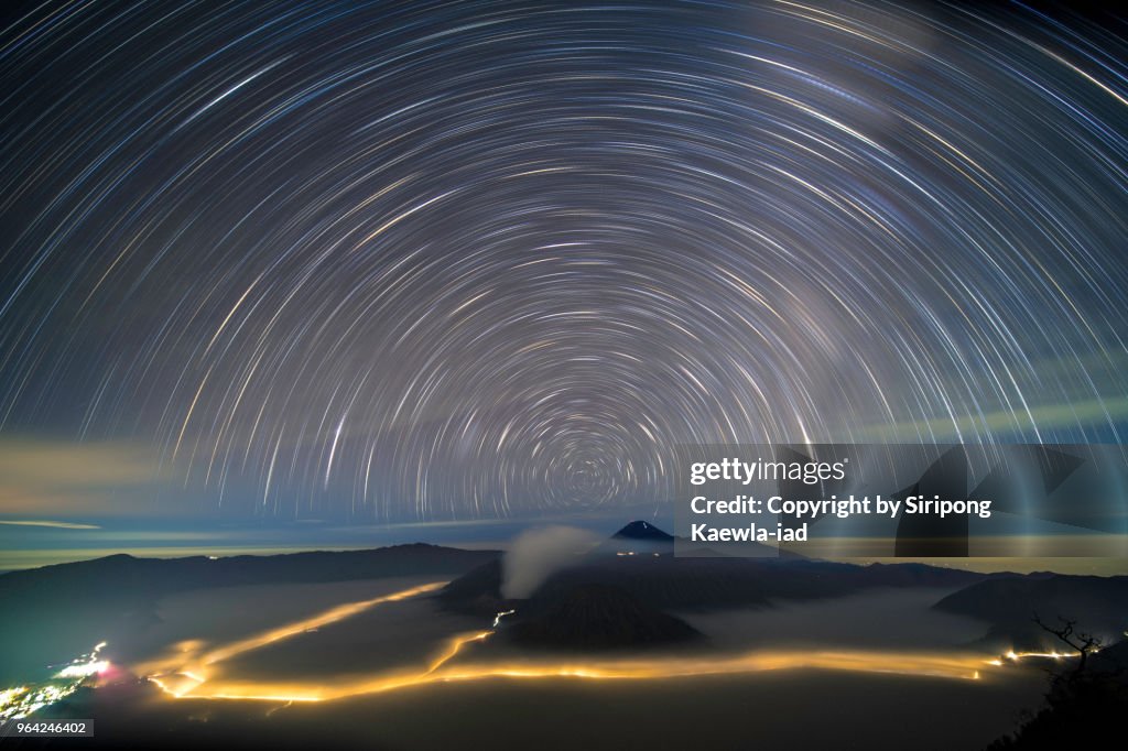 The star trails over the Mt.Semeru, Mt.Bromo and Mt.Batok, East Java, Indonesia.