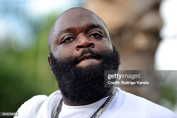 Rapper Rick Ross performs at the Red Bull Super Pool at Seminole Hard Rock Hotel on February 4, 2010 in Hollywood, Florida.