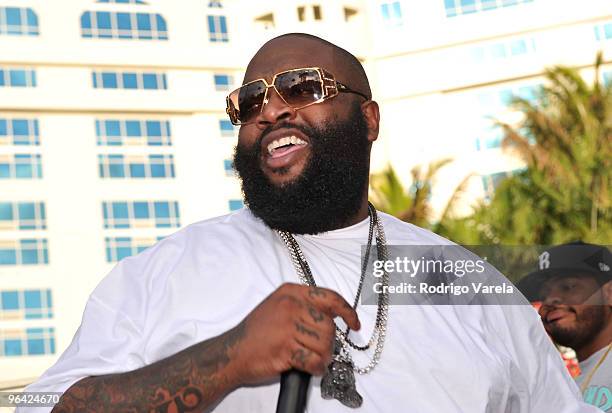 Rapper Rick Ross performs at the Red Bull Super Pool at Seminole Hard Rock Hotel on February 4, 2010 in Hollywood, Florida.